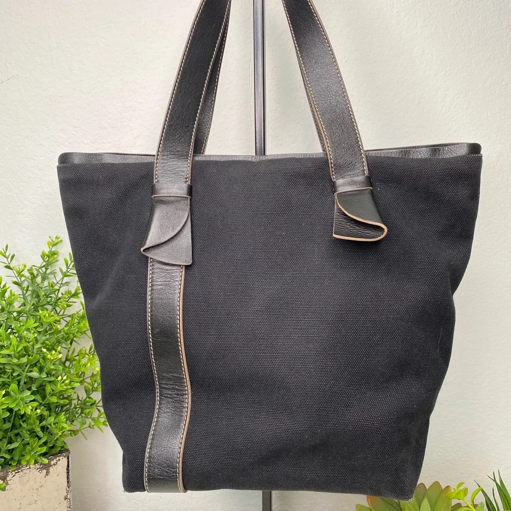 Salvatore Ferragamo Vara Ribbon Black‎ Canvas Leather Trimmed Tote Handbag Purse
